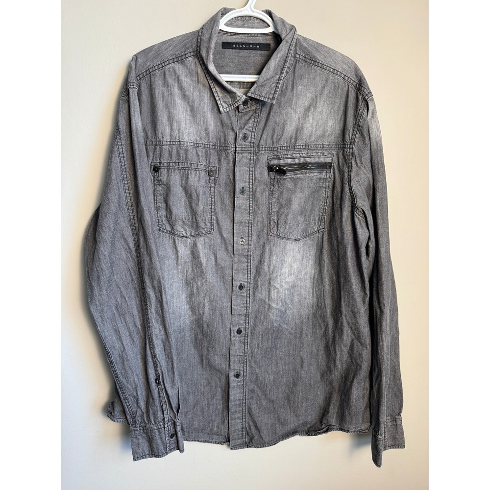 Sean John Mens Gray Faded Denim Style Button Down Shirt 3XL Streetwear Utility